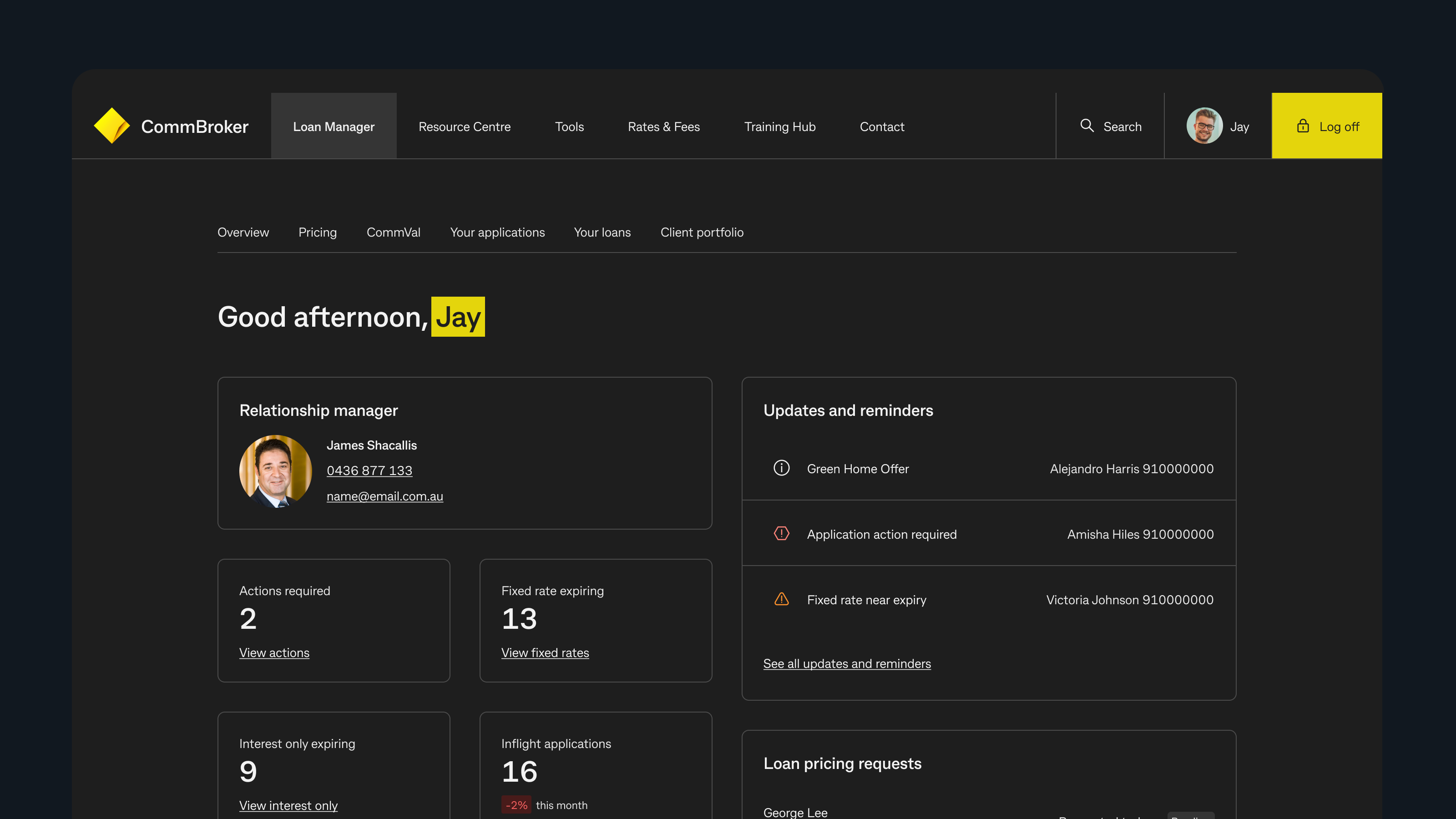 CommBroker home screen with quick actions, updates, and support