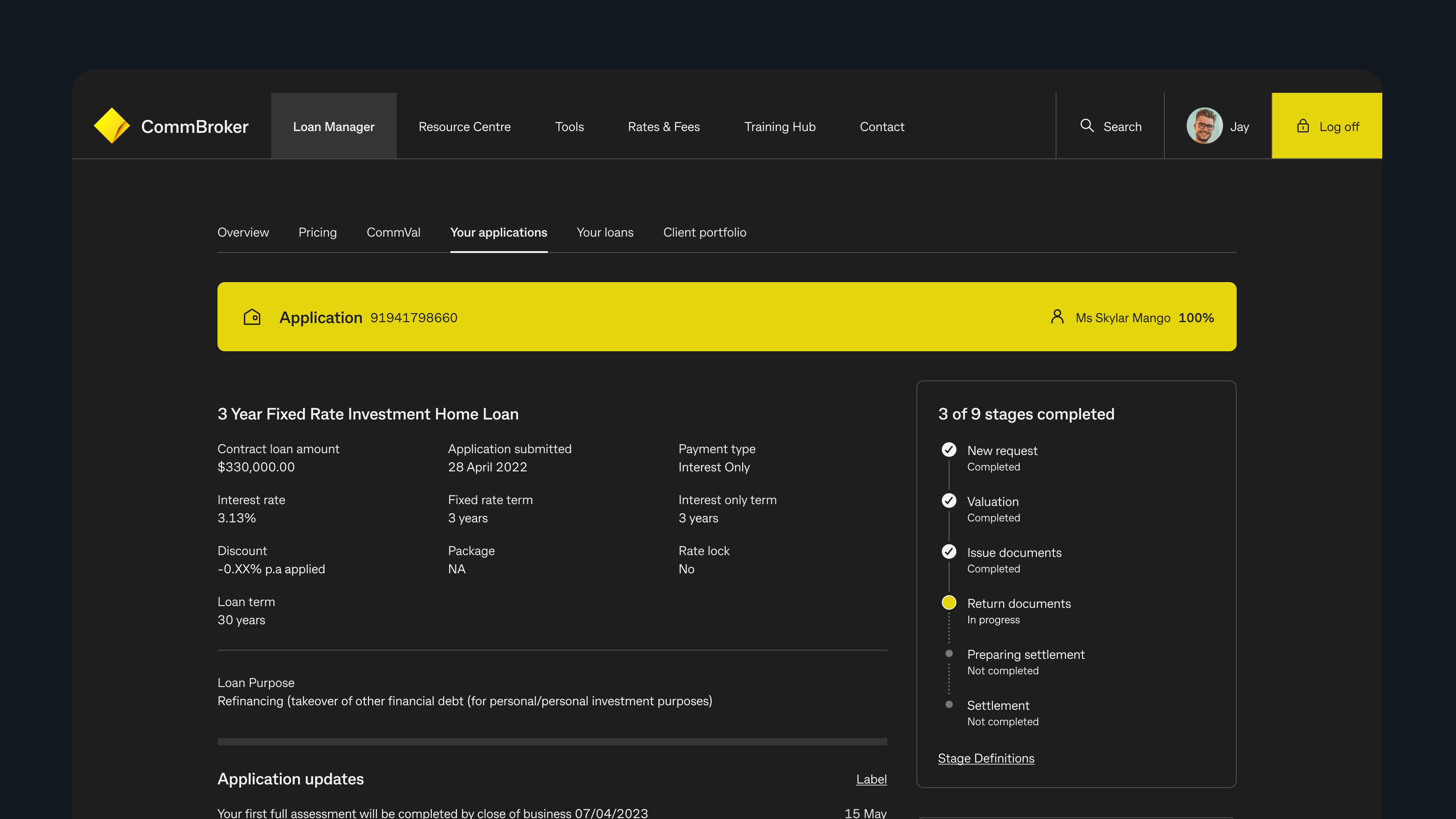 CommBroker application detail screen in dark theme