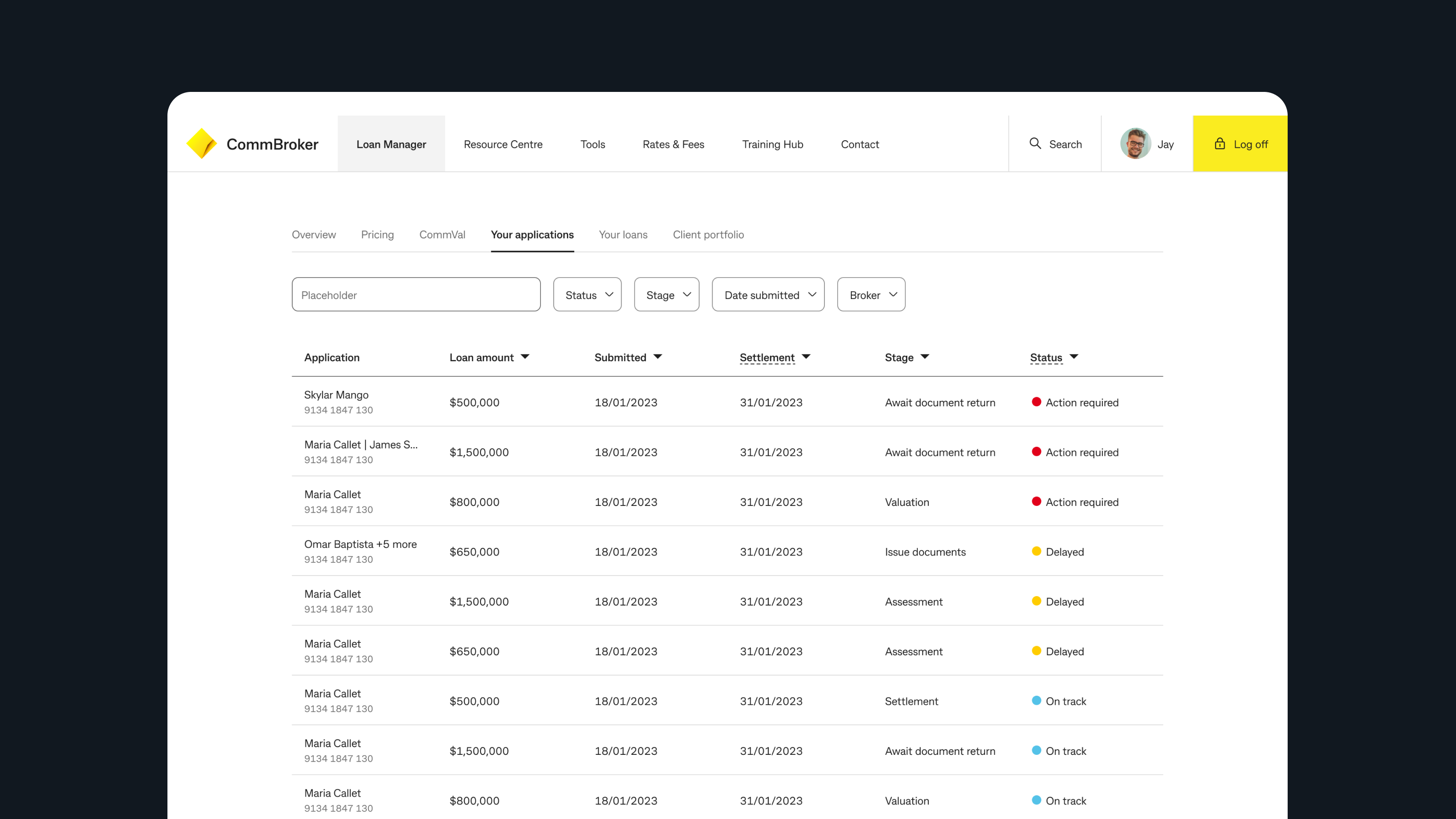 CommBroker applications listing with status table