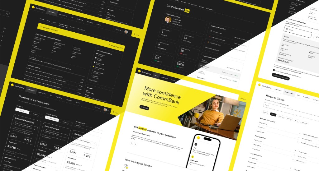 CommBroker redesign overview showing multiple screens