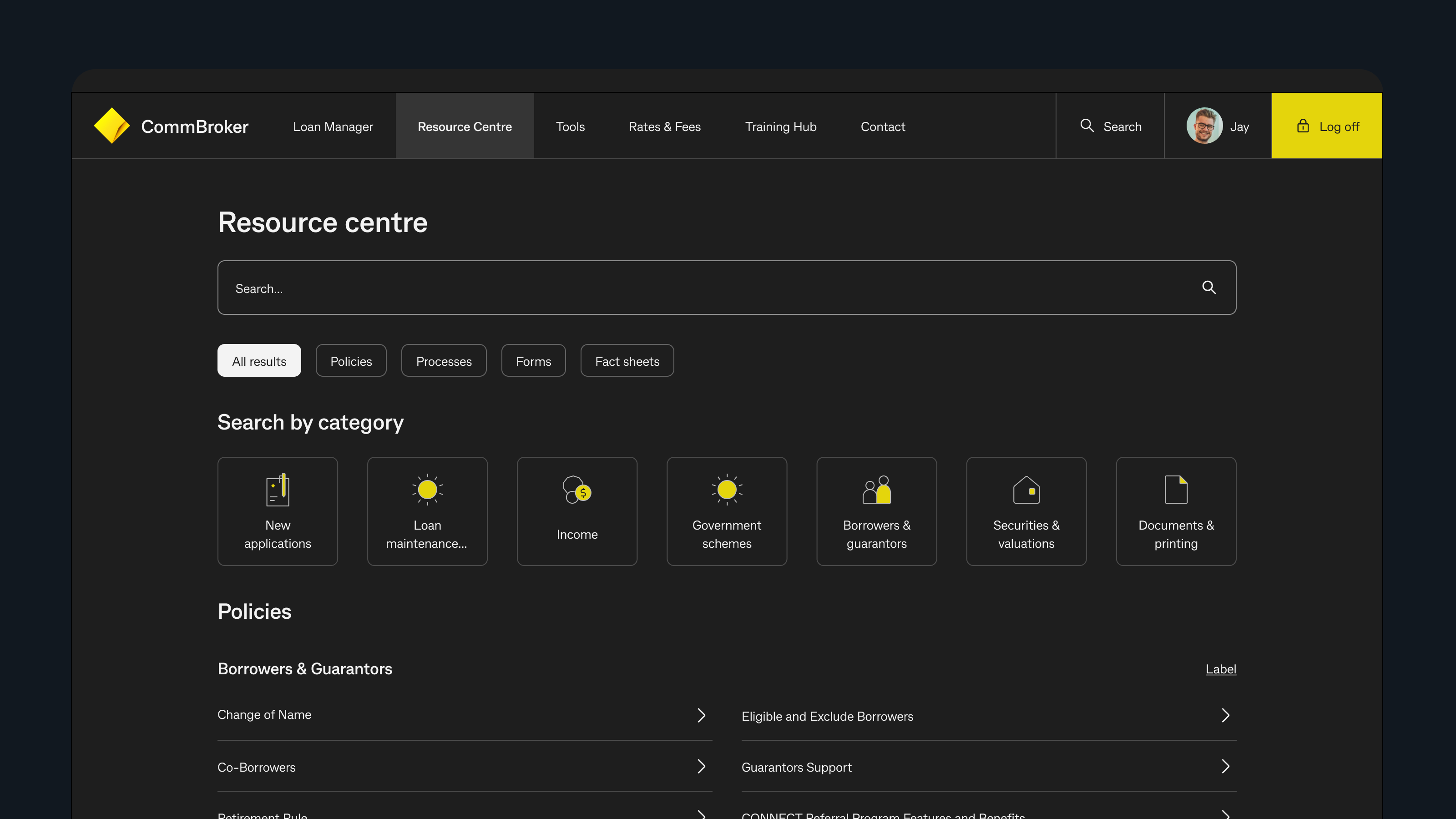CommBroker resource centre page with categories and search