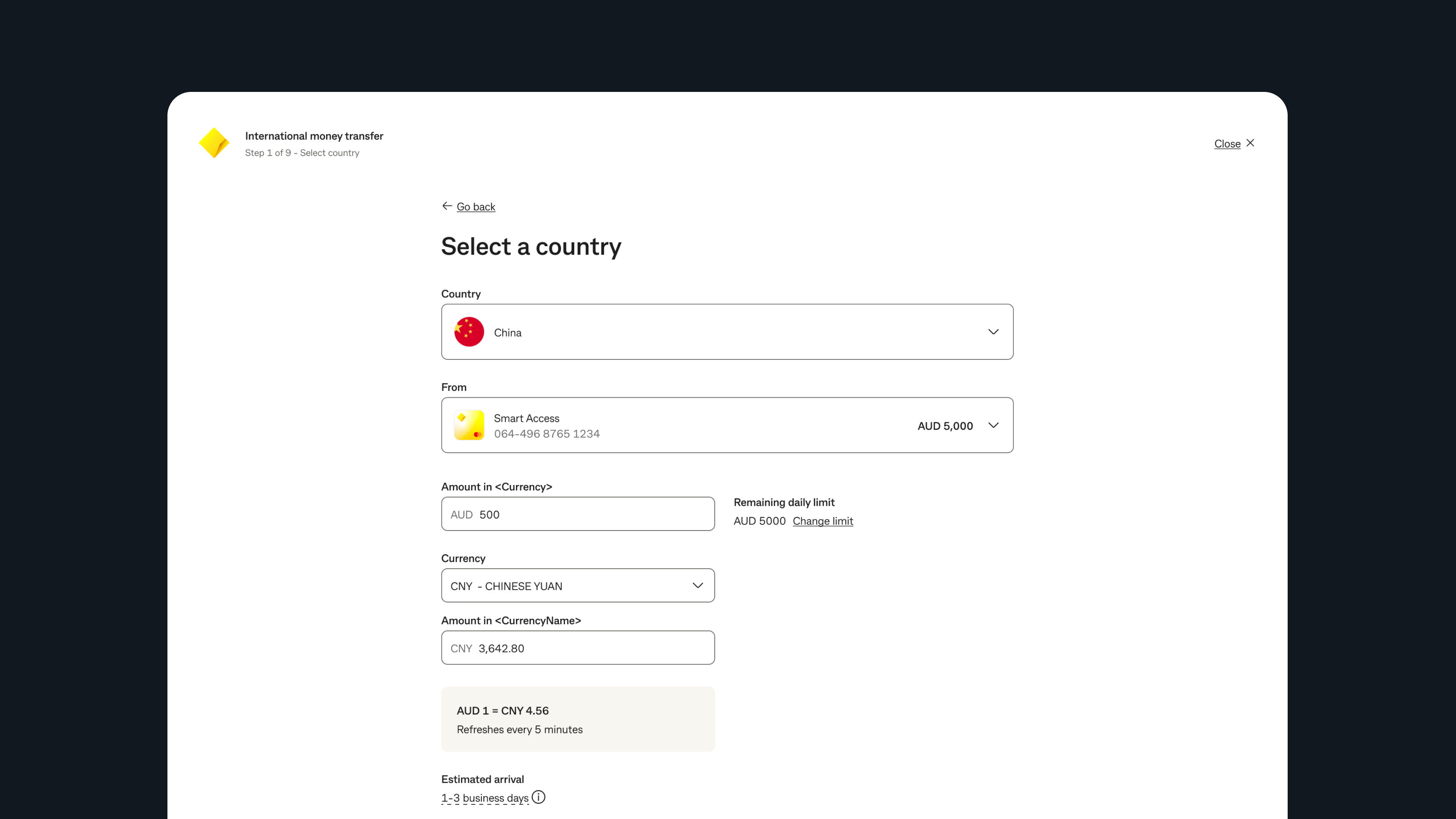 Dandelion transfer flow showing country, amount, and live FX calculation