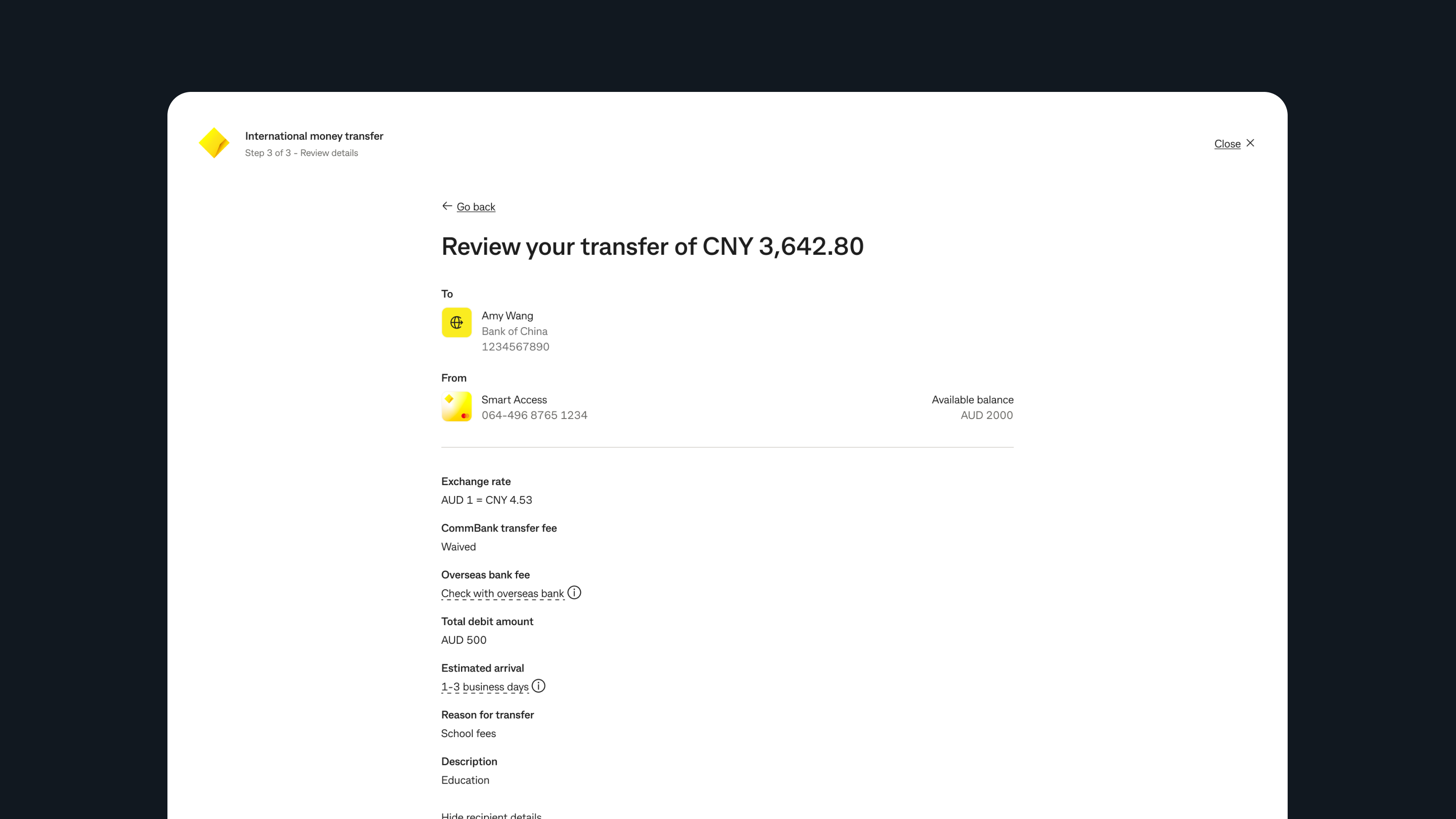 Dandelion transfer review screen showing rate, fees, and delivery timing