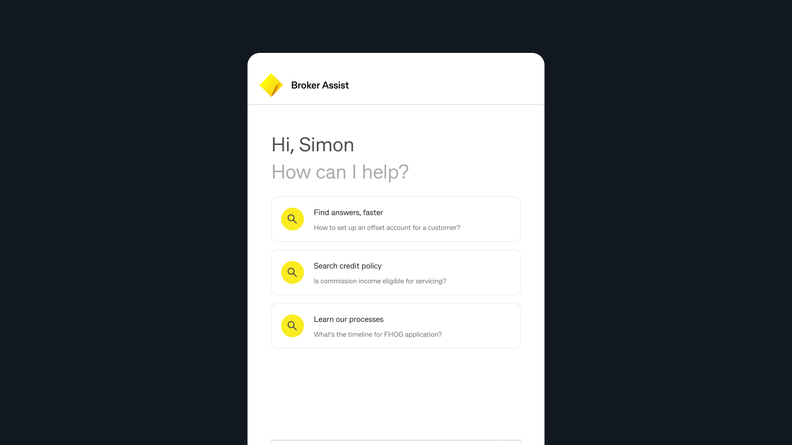 Broker Assist home screen with suggested prompts