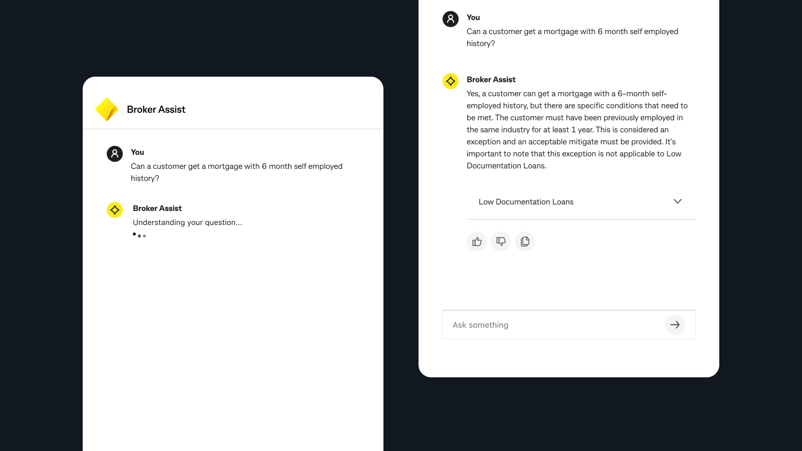 Broker Assist interface answering a policy question with an attributed source
