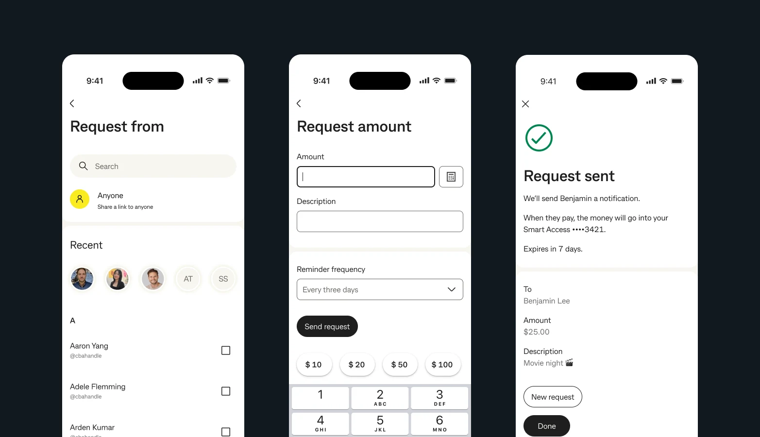 Request payment flow with recipient, amount, and confirmation
