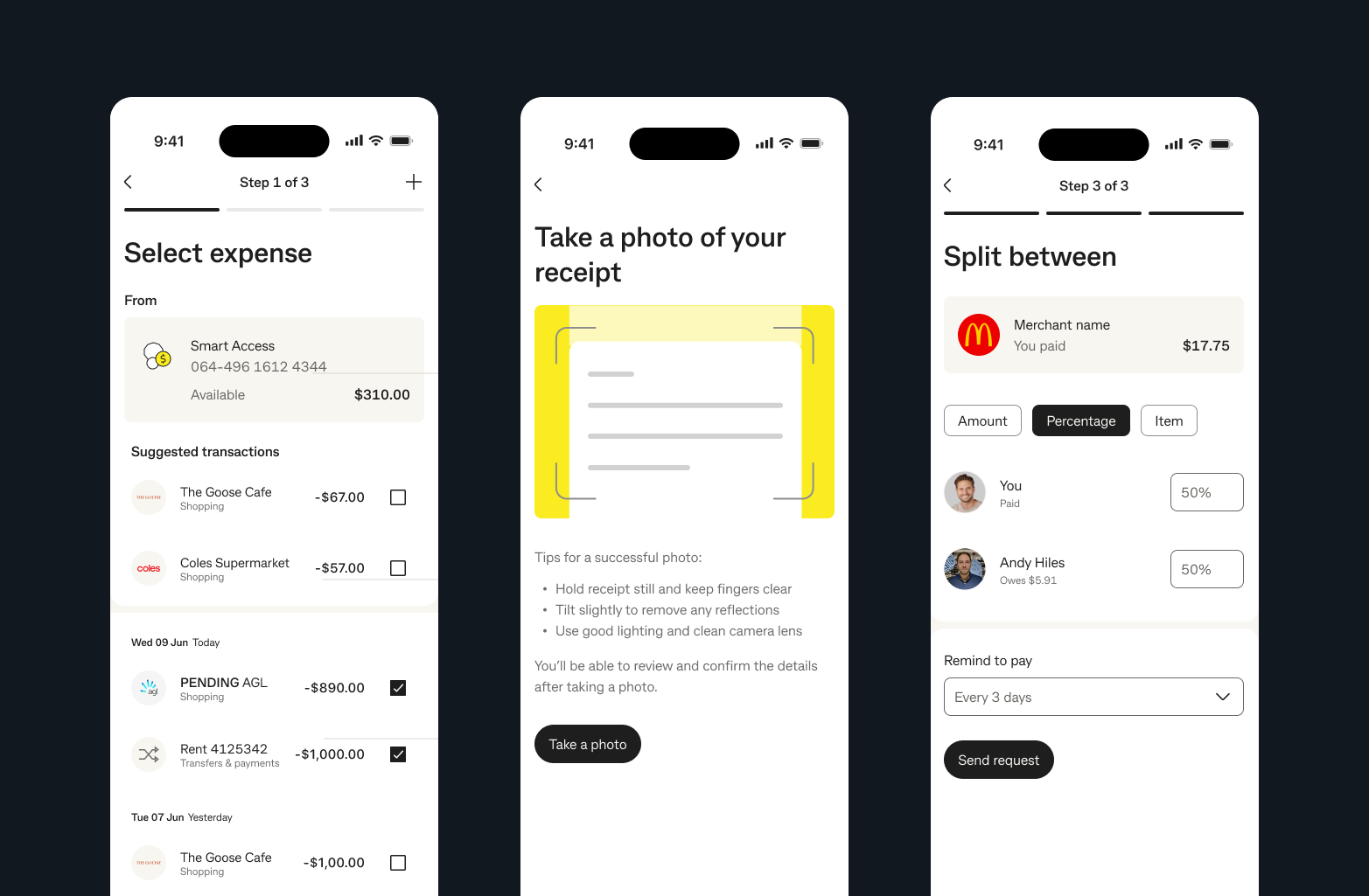 Split expenses flow showing setup and participant states
